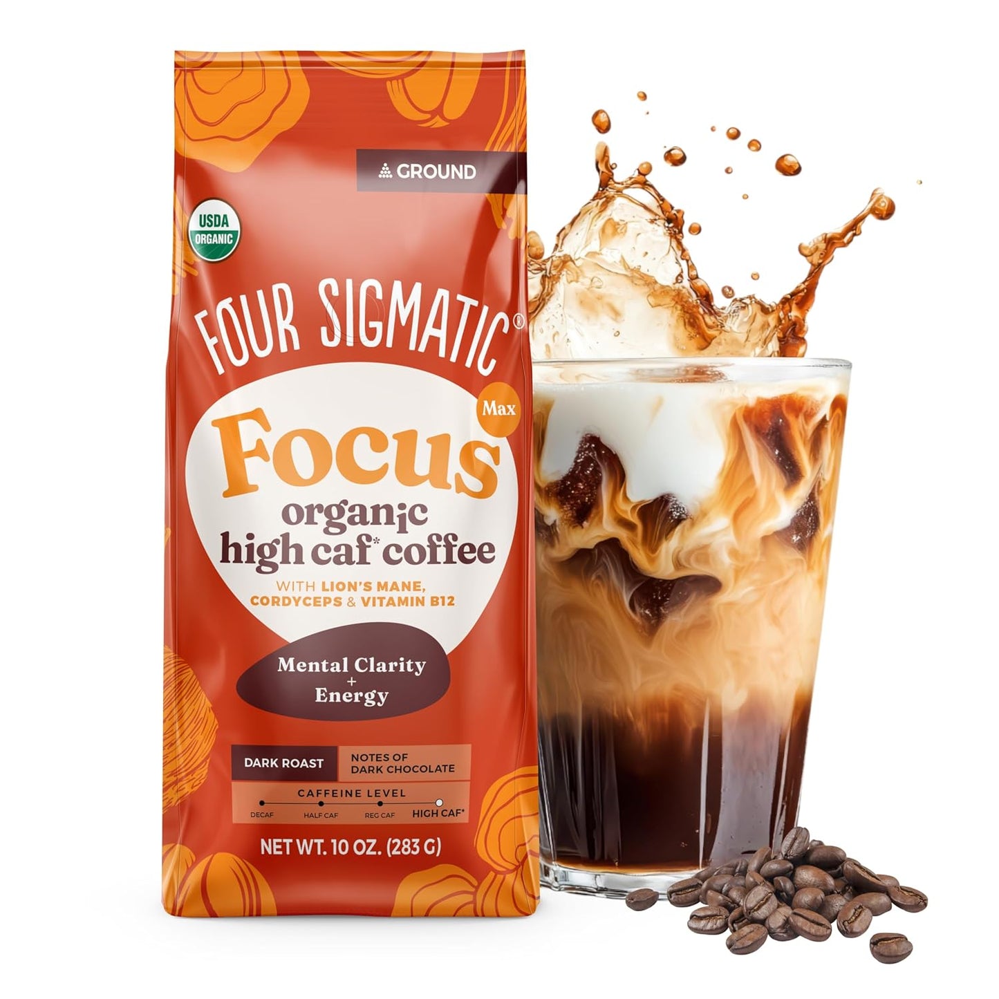 Four Sigmatic Focus Max High Caffeine Cordyceps Coffee | Organic Dark Roast High Caffeine Ground Coffee with Cordyceps, Lion's Mane and B12 | Energy Booster Without the Jitters | 10oz Bag