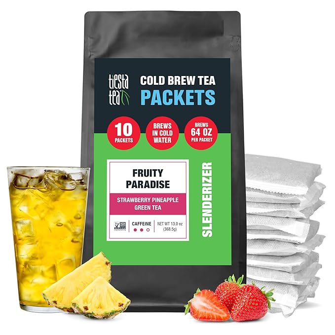 Tiesta Tea - Fruity Paradise Cold Brew, Loose Leaf, Strawberry Pineapple Green Tea, Medium Caffeinated, Cold Brew Packets, Makes 64 oz of Pitcher Per Bag (Pack of 10)