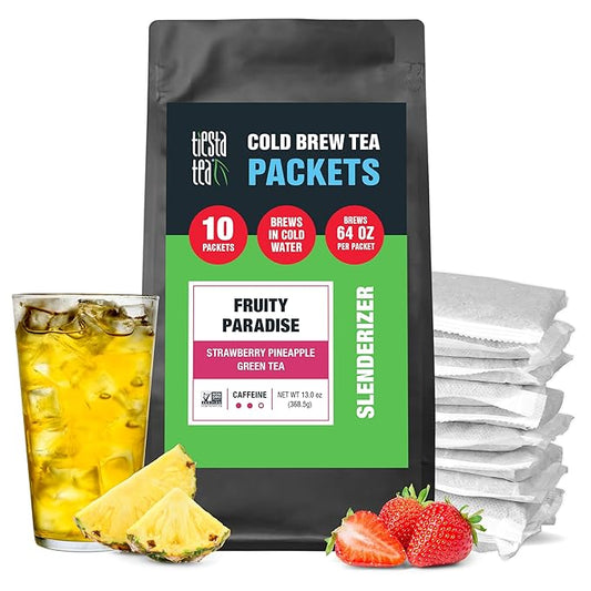 Tiesta Tea - Fruity Paradise Cold Brew, Loose Leaf, Strawberry Pineapple Green Tea, Medium Caffeinated, Cold Brew Packets, Makes 64 oz of Pitcher Per Bag (Pack of 10)