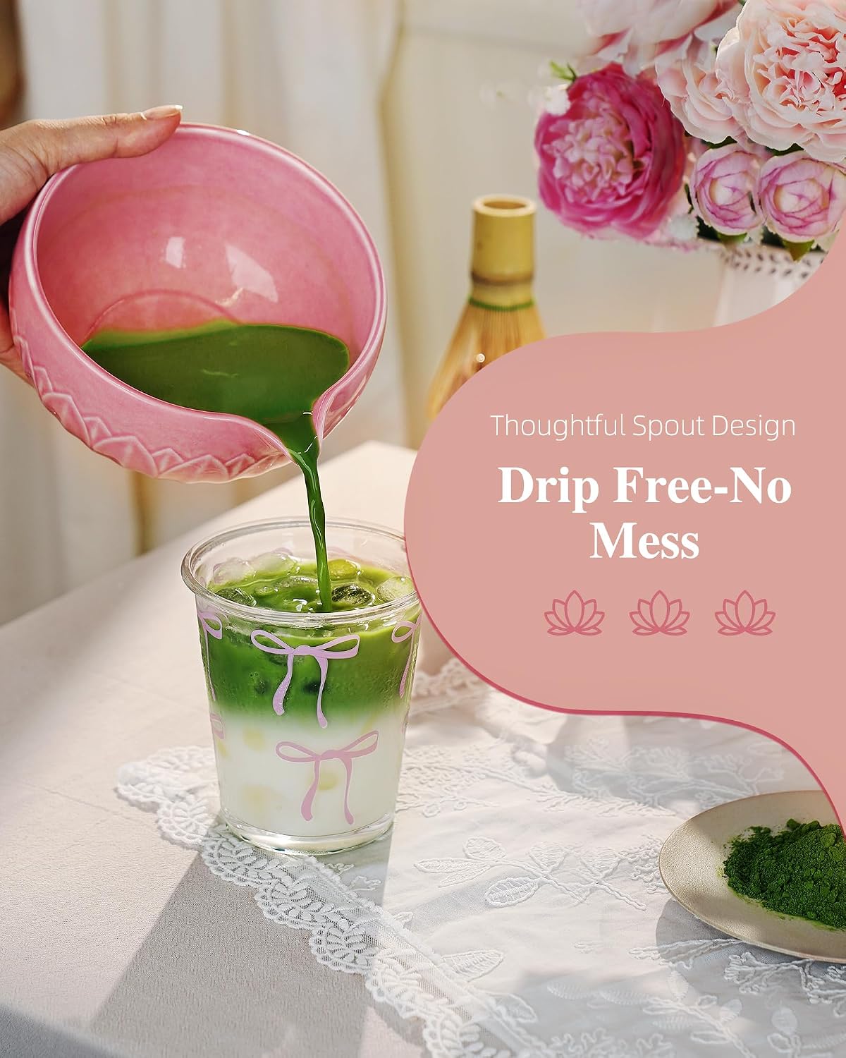 ZENS Premium Matcha Whisk Set, 6pcs Cearmic Matcha Kit &amp; Tools, Pink | Matcha Set Whisk and Bowl, Bamboo Whisk, Chasen Holder, Scoop, 304 Sifter &amp; Tea Mat Kit for Japanese Tea Ceremony