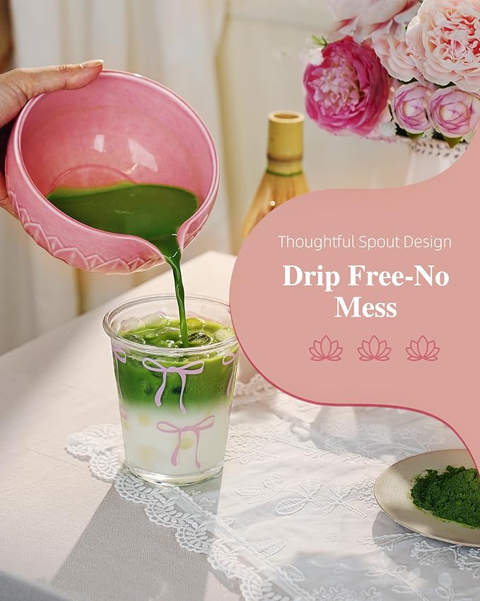 Zens Pink Matcha Kit, 6pcs Matcha Whisk Set Includes 15oz Pink Bowl, Chasen Holder, Bamboo Whisk & Scoop, 304 Sifter & Tea Mat