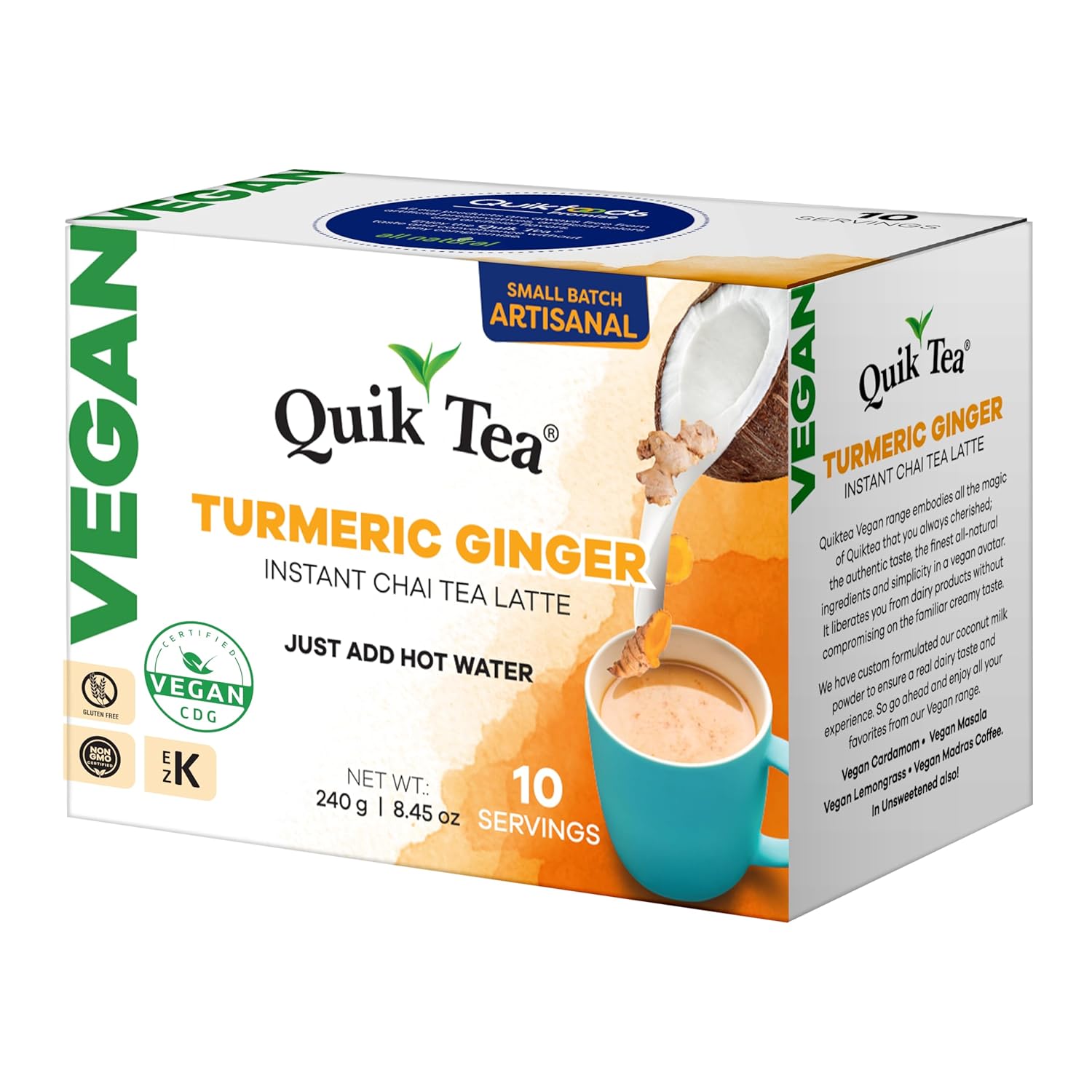 QuikTea Instant Vegan Turmeric Ginger Chai Tea Latte – 10 Count, earthy turmeric glow with zesty ginger warmth, low Caffeine, No artificial colors, flavors, preservatives – Just Add Hot Water, Kosher