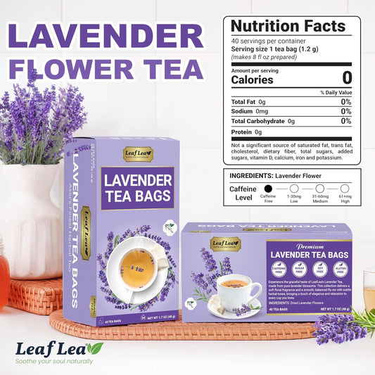 LeafLea Lavender Tea Bags, Calming Lavender Herbal Tea, 80 Count Pack of 2 | Soothing Pure Lavender, Nothing Added, Gentle Floral Taste, Caffeine-Free, Foil-Wrapped For Lasting Freshness