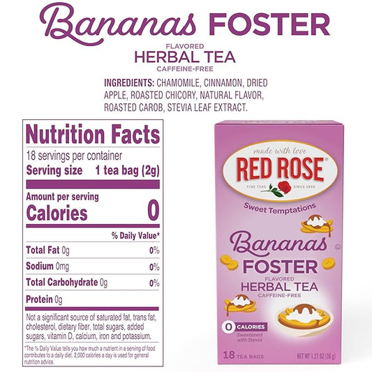 Red Rose Sweet Temptations Dessert Tea Bananas Foster, Zero Carbs, Zero Sugar Bursting with Flavor Caffeine-Free Delicious Beverage Herbal Tea, 18 Count Fruit Naturally Flavored Herbal Tea Pack of 6