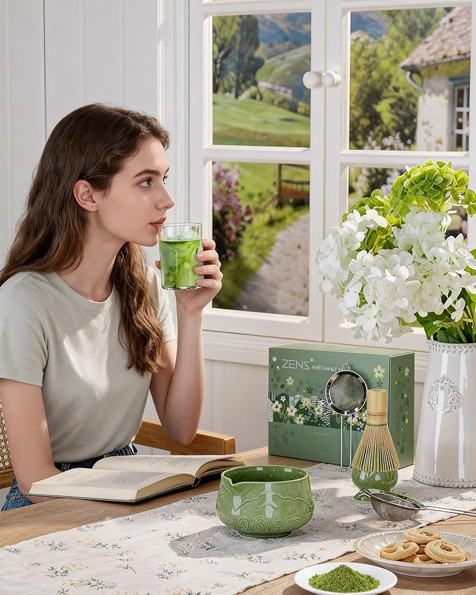 ZENS Matcha Whisk Set, 6Pcs Matcha Kit Set Includes Ceramic Bowl, Bamboo Whisk and Chasen Holder,Scoop, 304 Stainless Sifter & Tea Mat, Matcha Set for Tea Ceremony, Blue