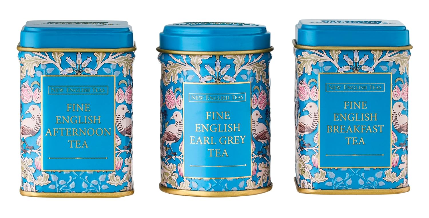 New English Teas Loose Leaf Tea & Infuser Gift Set – 3 Song Thrush Tins with Breakfast, Earl Grey & Afternoon Blends with Loose Tea Infuser