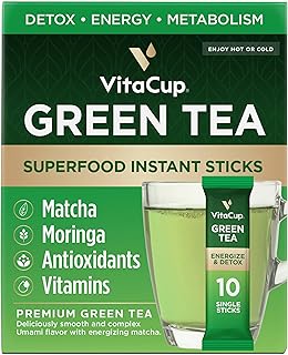 VitaCup Green Tea Instant Packets, Enhance Energy & Detox with Matcha, Moringa, B Vitamins, D3, Fiber, Keto, Paleo, Vegan in Tea Powder Single Serving Sticks, 10 Ct