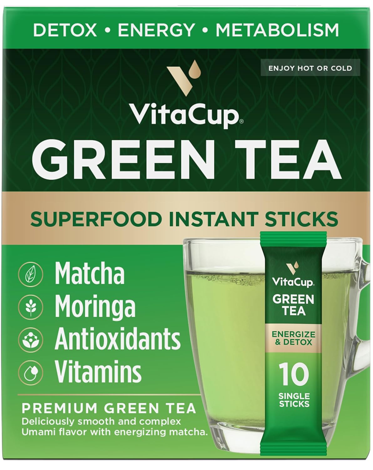 VitaCup Green Tea Instant Packets with Matcha, 10ct | B Vitamins, D3