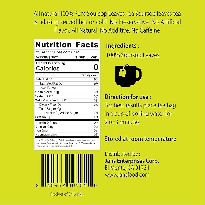 Jans Soursop Tea Bags (50 Count, Full Strength Premium Herbal Tea) Made from 100% Natural & Dried Soursop Leaves