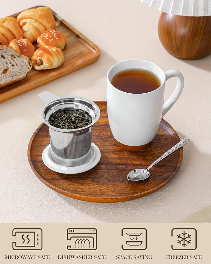 Malacasa Ceramic Tea Mug with Lid and Stainless Steel Infuser, 18 oz Large Tea Cup for Loose Leaf Tea, Heat-Resistant, Microwave & Dishwasher Safe