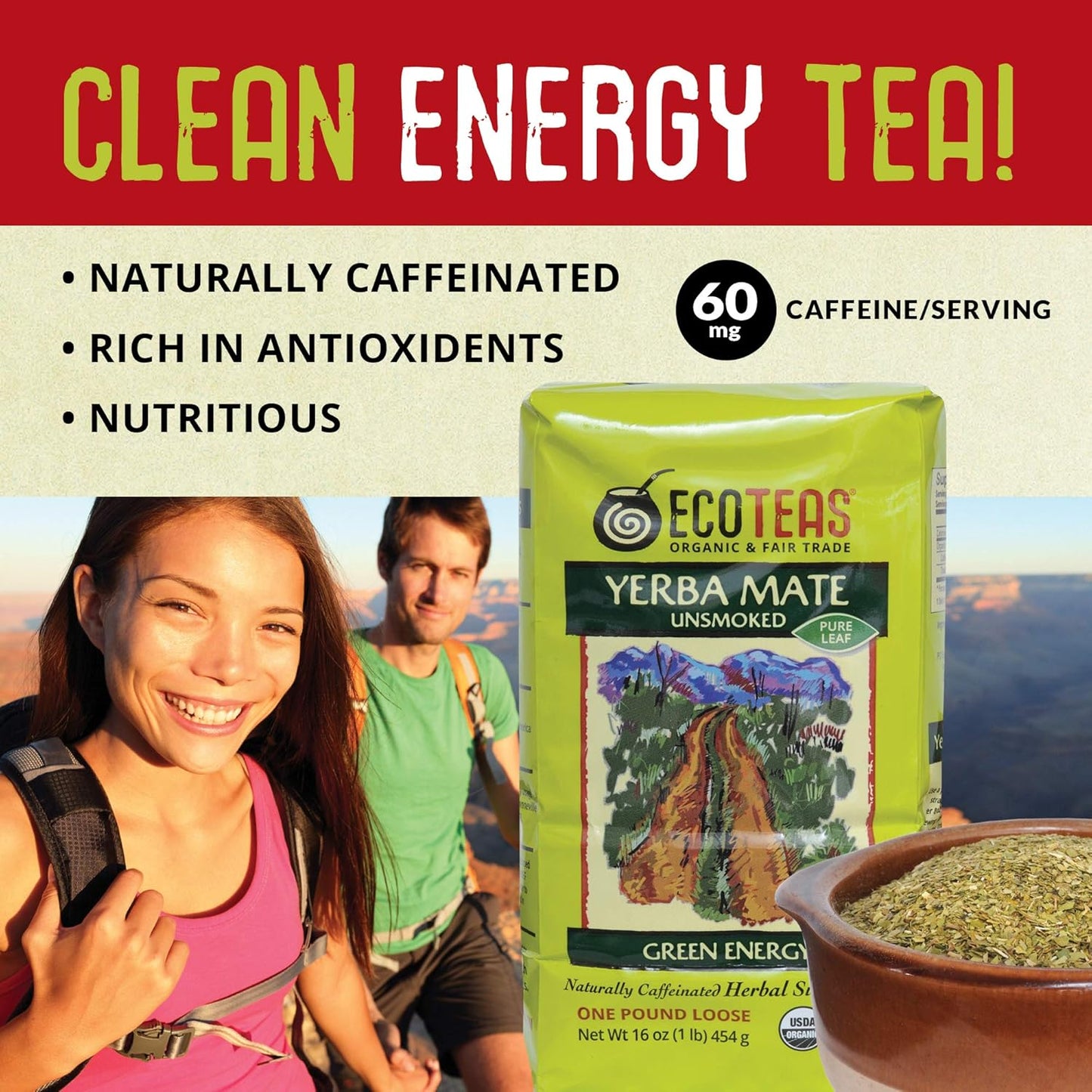 ECOTEAS Organic Yerba Mate Loose Leaf Tea – Natural Energy & Detox Herbal Tea – Caffeine Alternative - Kosher, Non-GMO, Gluten-Free - Unsmoked Pure Leaf from Argentina, 1 lb
