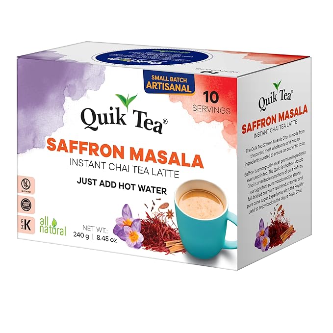 QuikTea Saffron Masala Chai Tea Latte – 10 Count, Bold Saffron Masala Flavor, no preservatives – Just Add Hot Water