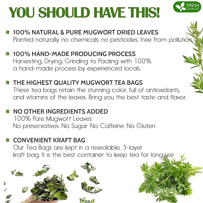 FreshDrinkUS, Premium 25 Mugwort Leaf Tea Bags, 100% Natural and Pure Mugwort Leaves. Loose Leaf Herbal Tea. No Sugar, No Caffeine, No Gluten, Vegan