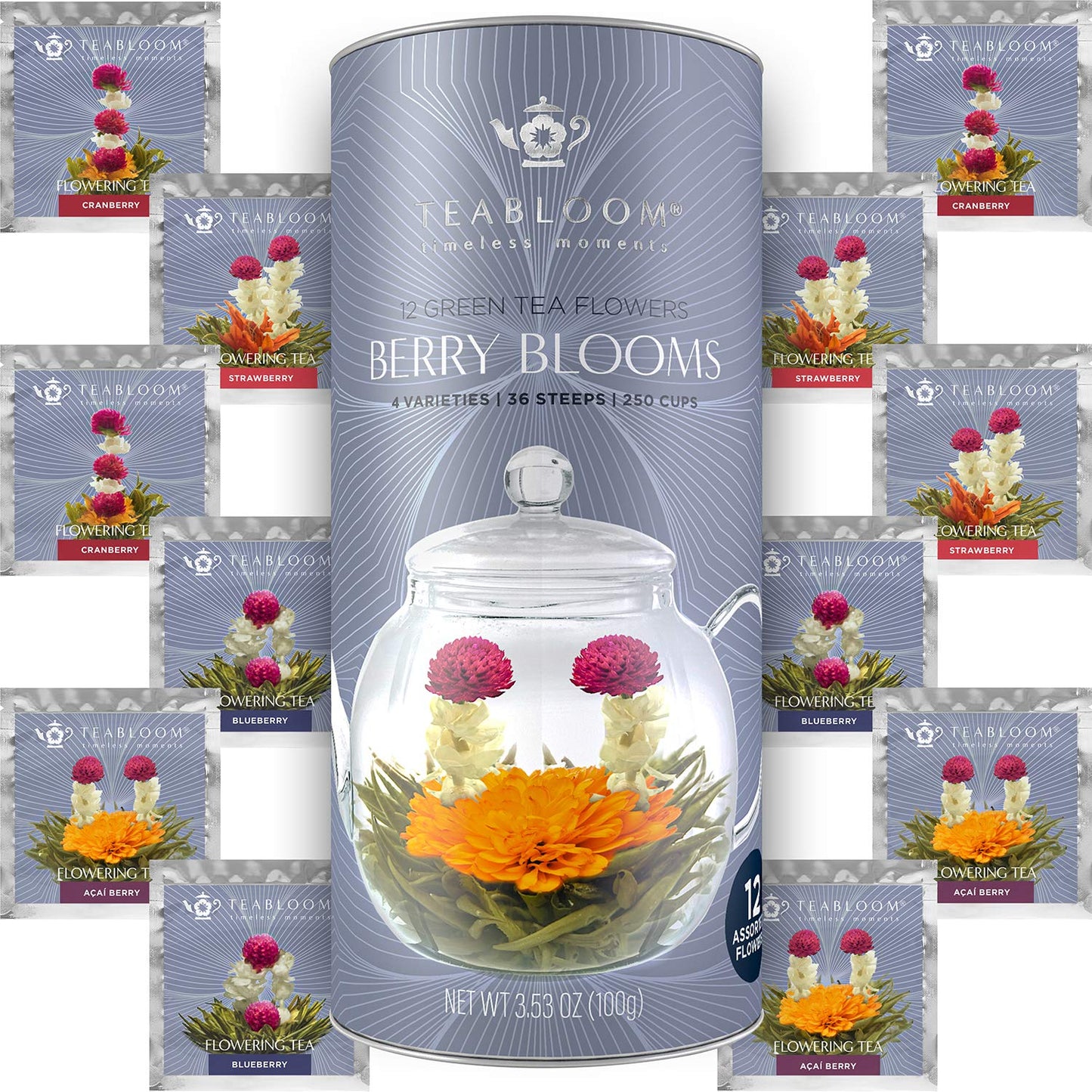 Teabloom Holiday Flowering Teas - 12 Assorted, Delicious Berry Blooming Teas - Premium Green Tea + Cranberry, Blueberry, Acai Berry & Strawberry