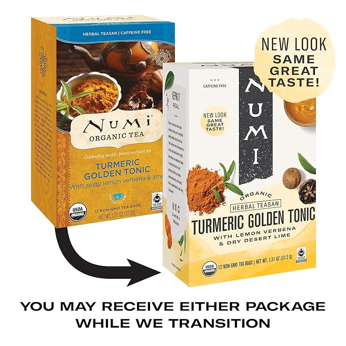 Numi Organic Tea Golden Tonic, 12 Count Box of Tea Bags (Pack of 3) Turmeric Tea (Packaging May Vary)