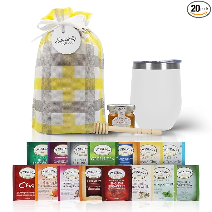 Tea Gift Set for Women & Men – Includes Assorted Teas, Elegant Mug & Honey (White)