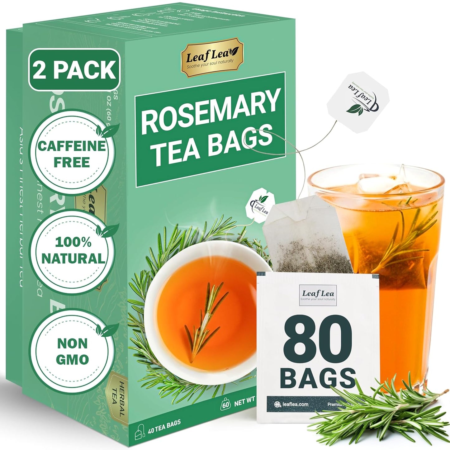 LeafLea Rosemary Tea Bags, Single-Ingredient Rosemary Leaf Tea, 80 Count