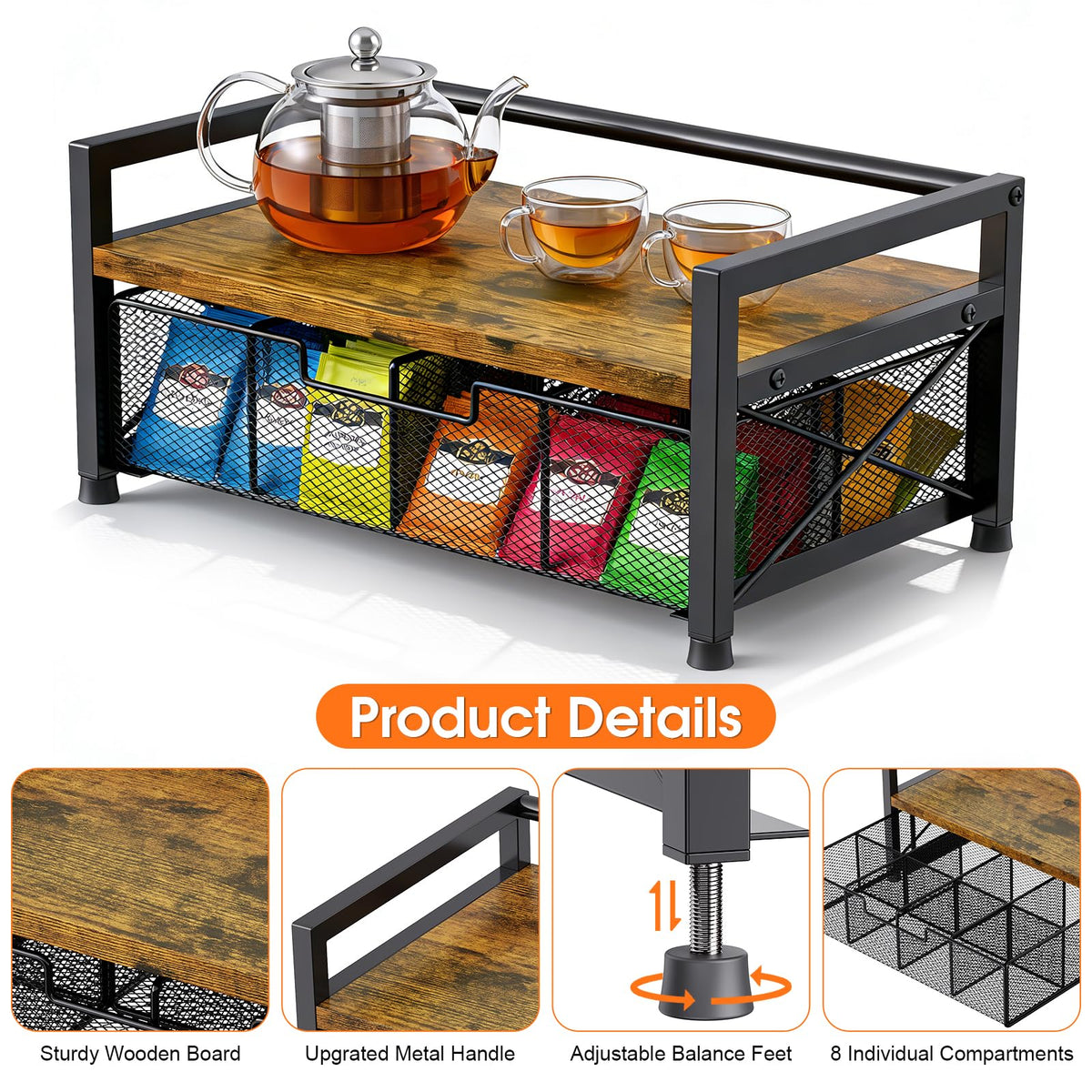 ZssHappy Tea Bag Organizer, Tea Organizers and Storage with 8 Compartments & Drawer, Wooden Metal Tea Bag Holder for