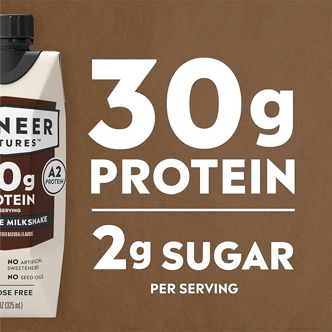 Pioneer Pastures - High Protein A2 Milkshakes - Chocolate - A2 Nutritional Milk, 30g Protein, 2g Sugar, No Artificial Sweeteners, No Seed Oils