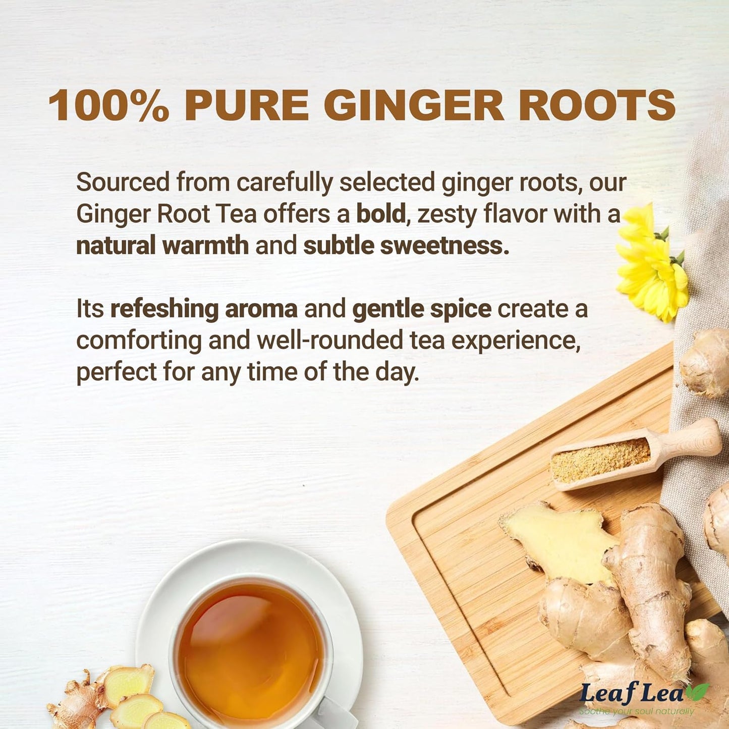 LeafLea Ginger Root Tea Bags, Real Ginger Herbal Tea, 80 Count | Warming Spicy-Sweet Brew, Individually Foil-Wrapped, Supports Digestion &amp; Immunity, Caffeine-Free, Non-GMO