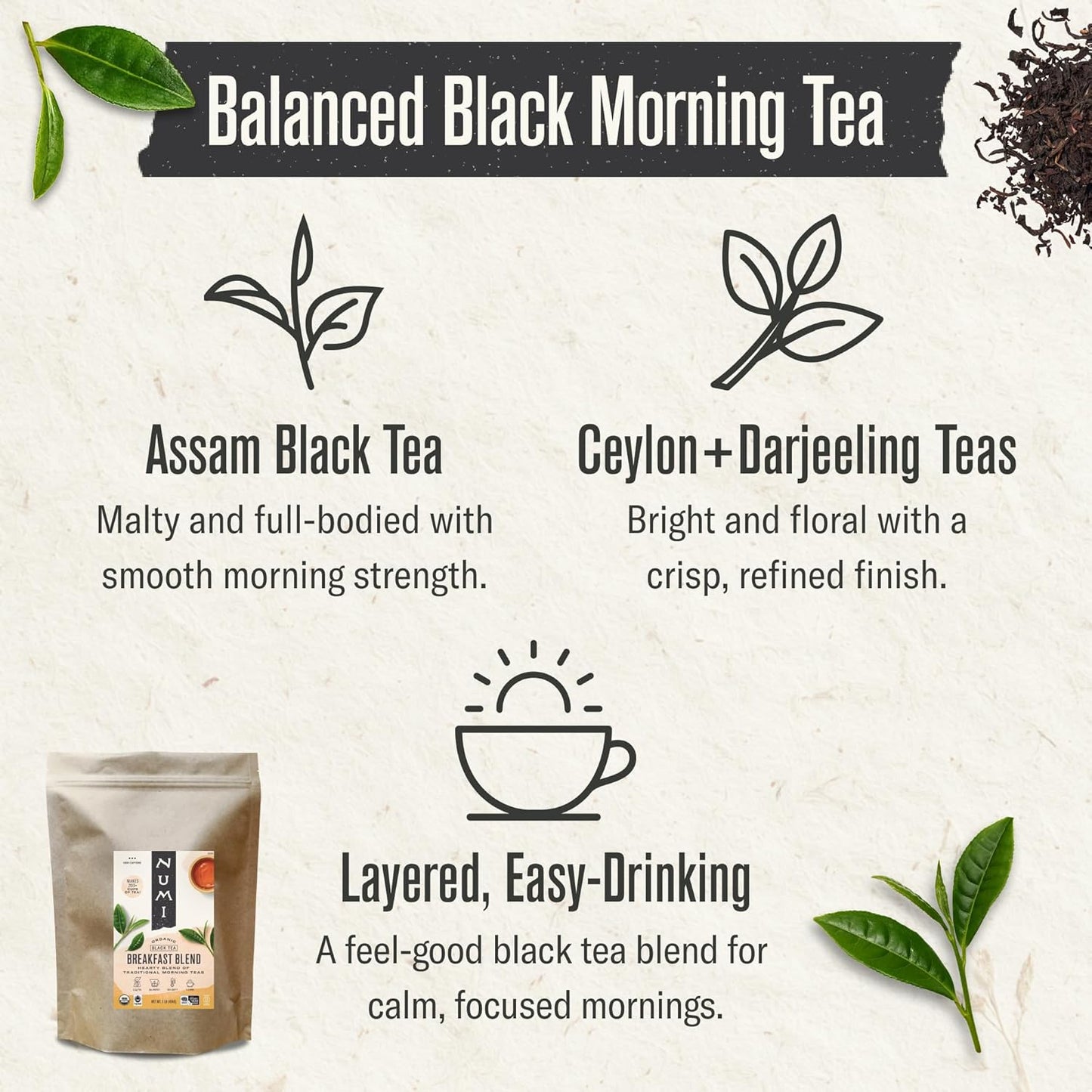 Numi Organic Breakfast Blend Tea, Loose Leaf Black Tea, 16 oz Bulk Pouch, Organic Loose Leaf Tea Brews 200 Cups, Full-Bodied Breakfast Blend, Strong Bold Black Tea for Morning Energy