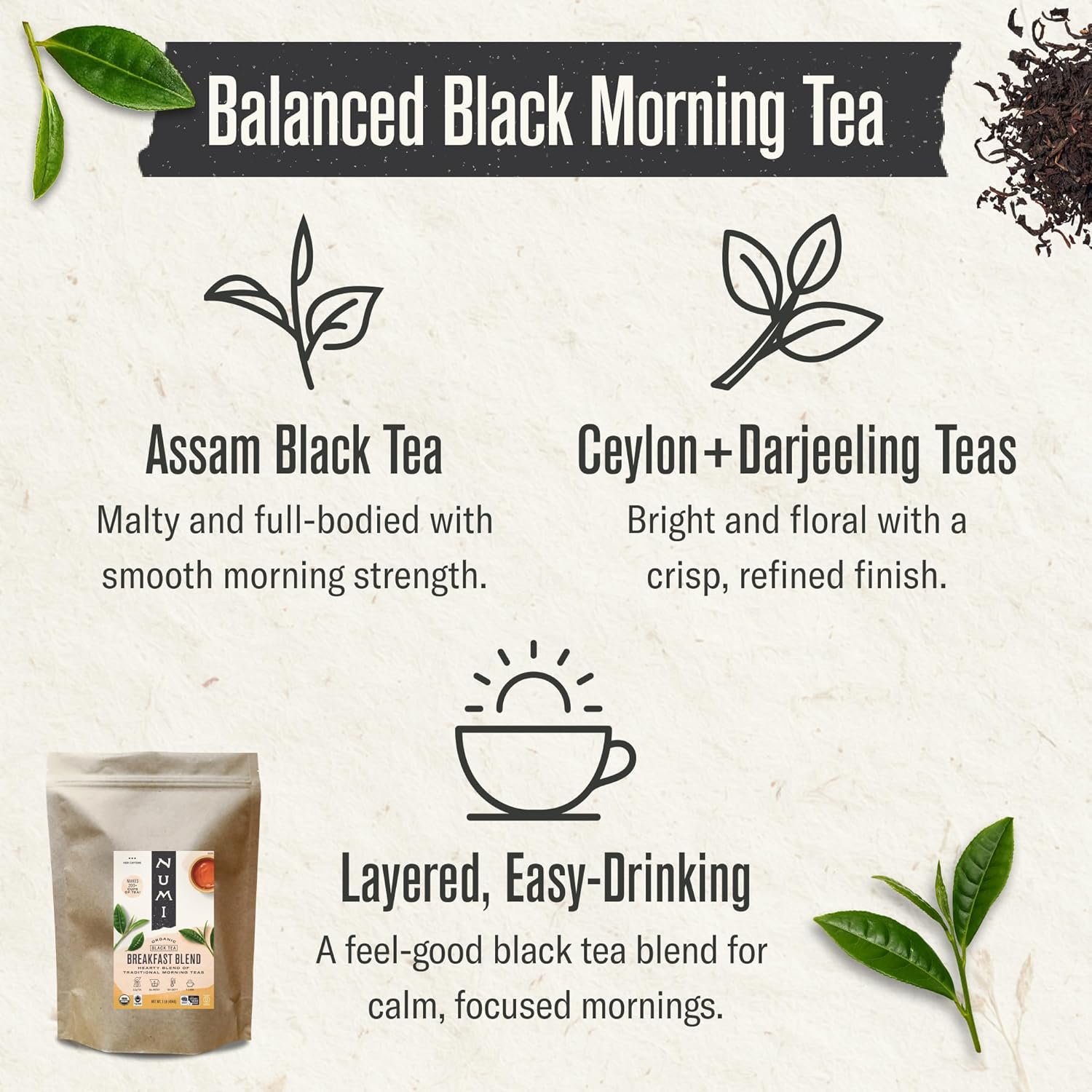 Numi Organic Breakfast Blend Tea, Loose Leaf Black Tea, 16 oz Bulk Pouch, Organic Loose Leaf Tea Brews 200 Cups, Full-Bodied Breakfast Blend, Strong Bold Black Tea for Morning Energy