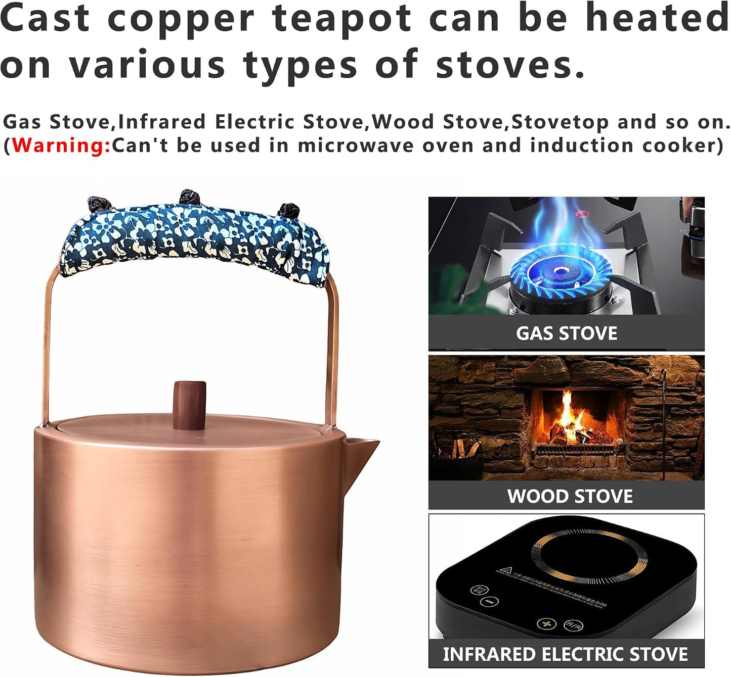 YJX Pure Copper Tea Kettle For Stovetop Safe, Chinese Style Non-Coating Teapot with Stainless Steel Tea Ball For Loose Tea, Durable Tea Pot, 1500ml Kettle