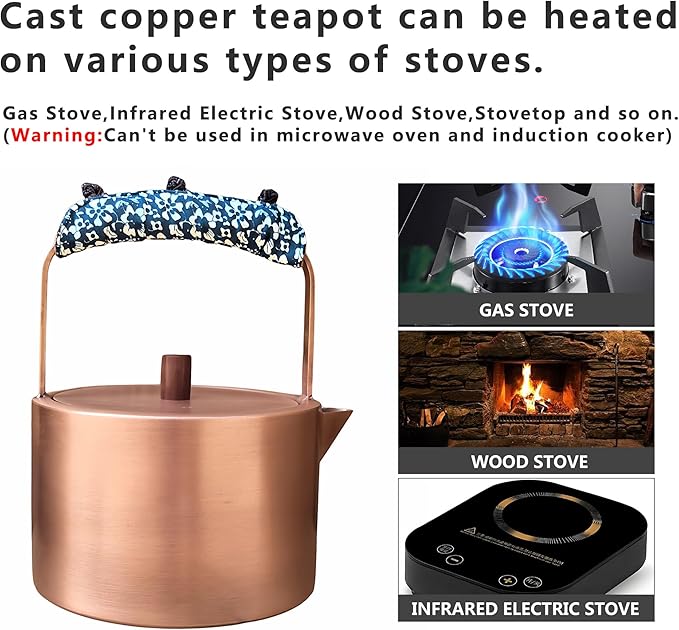 YJX Pure Copper Tea Kettle For Stovetop Safe, Chinese Style Non-Coating Teapot with Stainless Steel Tea Ball For Loose Tea, Durable Tea Pot, 1500ml Kettle