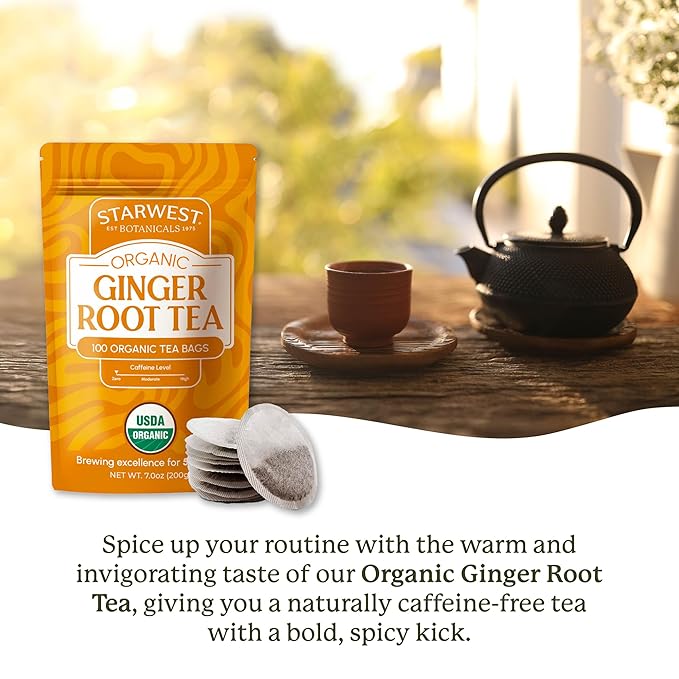 Starwest Botanicals Organic Ginger Root Tea - Caffeine Free Herbal Tea, Supports Digestion, String Free Sachets, USDA Organic Ginger Root, Non GMO