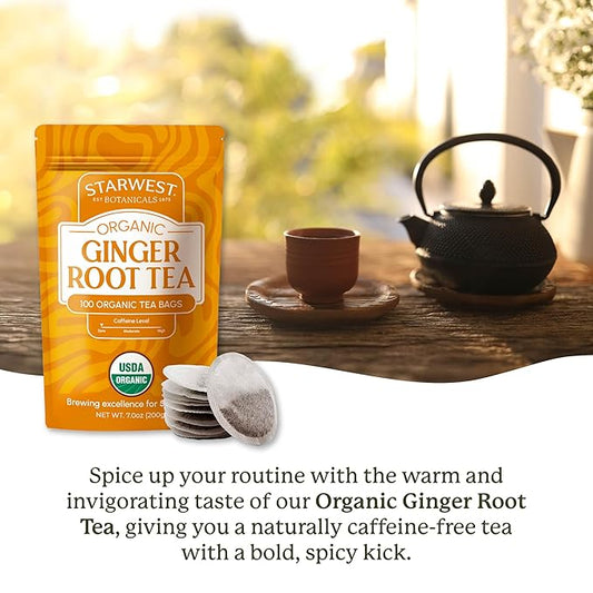 Starwest Botanicals Organic Ginger Root Tea - Caffeine Free Herbal Tea, Supports Digestion, String Free Sachets, USDA Organic Ginger Root, Non GMO