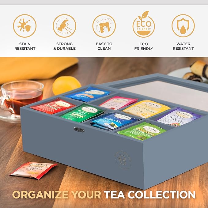 Tea Bag Organizer - Grey Bamboo Tea Box Organizer Storage Box, Tea Bag Holder with Acrylic Window, Magnetic Lid Keeps Tea Bags Fresh