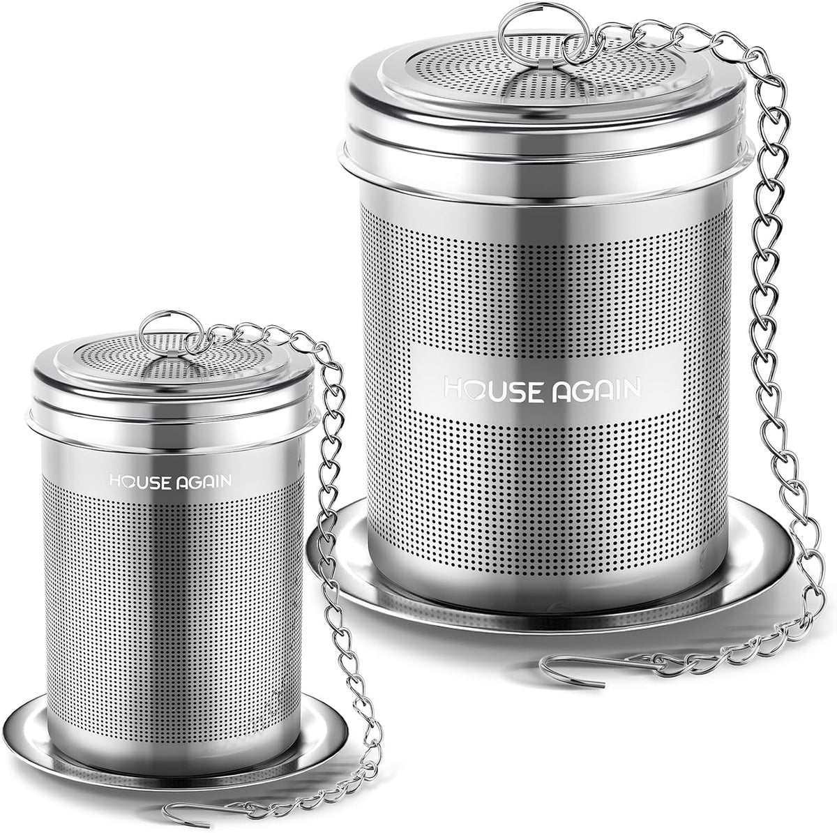HOUSE AGAIN Tea Infuser (2 Pack, Large + Small), Extra Fine Mesh Tea Strainers for Loose Tea, 18/8 Stainless Steel Tea Strainer with Extended Chain Hook, Tea Steeper