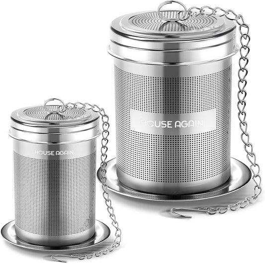 HOUSE AGAIN Tea Infuser (2 Pack, Large + Small), Extra Fine Mesh Tea Strainers for Loose Tea, 18/8 Stainless Steel Tea Strainer with Extended Chain Hook, Tea Steeper