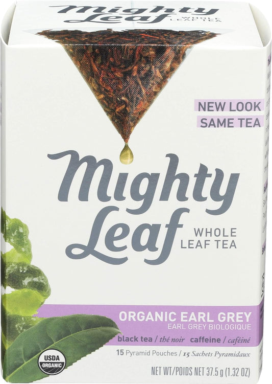 Mighty Leaf Whole Leaf, Tea Organic Earl Grey, 15 Tea Bags Individual Pyramid-Style Tea Sachets of Organic Caffeinated Black Tea with Organic Bergamot, Delicious Hot or Iced