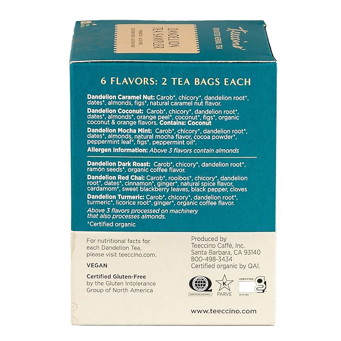 Teeccino Dandelion Tea Sampler - Caramel Nut, Coconut, Dark Roast, Mocha Mint, Red Chai, Turmeric - Roasted Herbal Tea