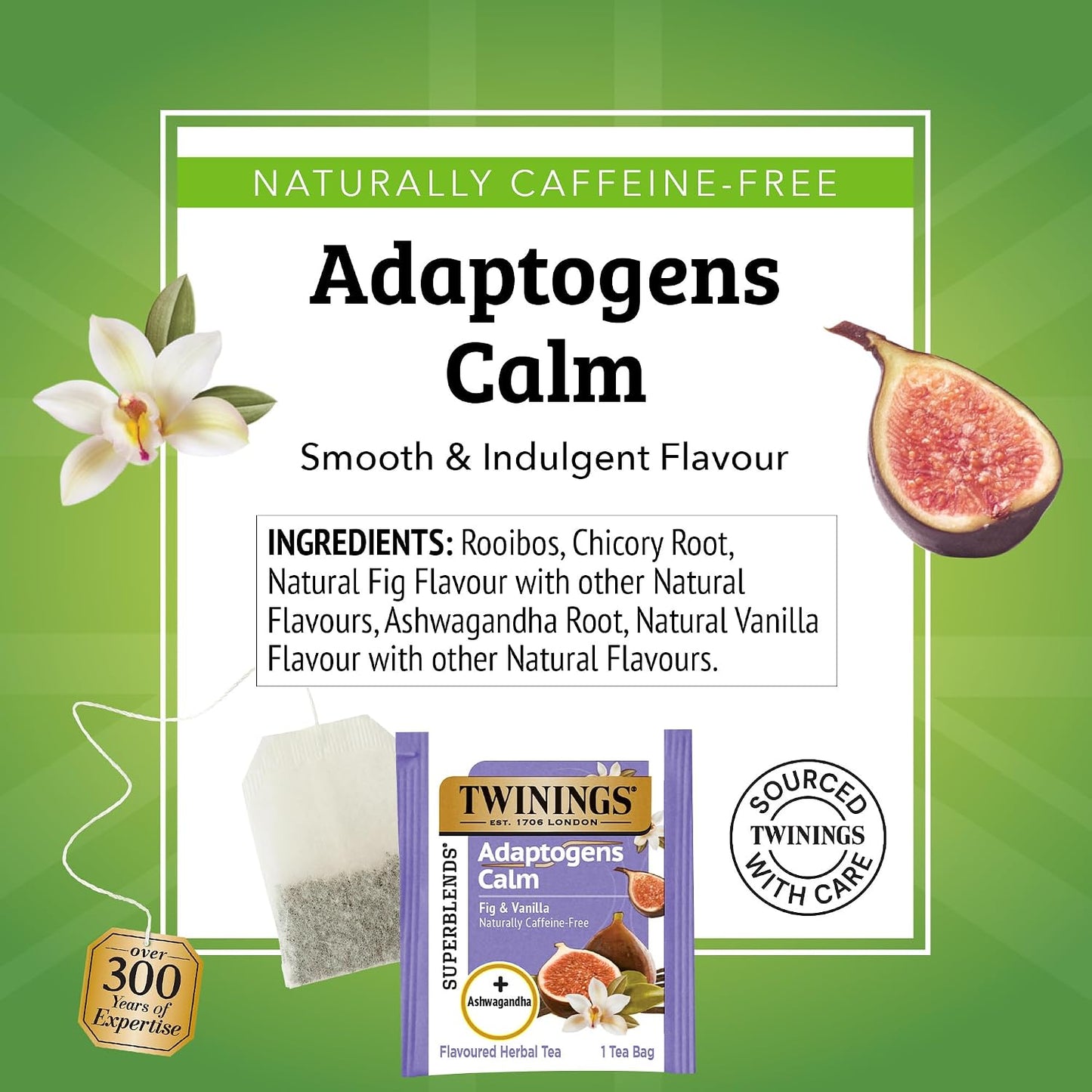 Twinings Adaptogens Calm Ashwagandha Fig &amp; Vanilla Tea Bags 18 CT (6 Pack) | Herbal Blend with Chicory Root, Rooibos, Naturally Caffeine-Free, 108 Foil Lined Individually Wrapped Bags, Enjoy Hot or Iced