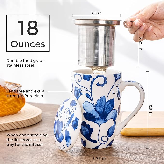 Gbhome Tea Mug with Infuser and Lid, 18 Ounce Large Ceramic Loose Leaf Cup, Microwave, Dishwasher Safe, Perfect for Tea Lovers
