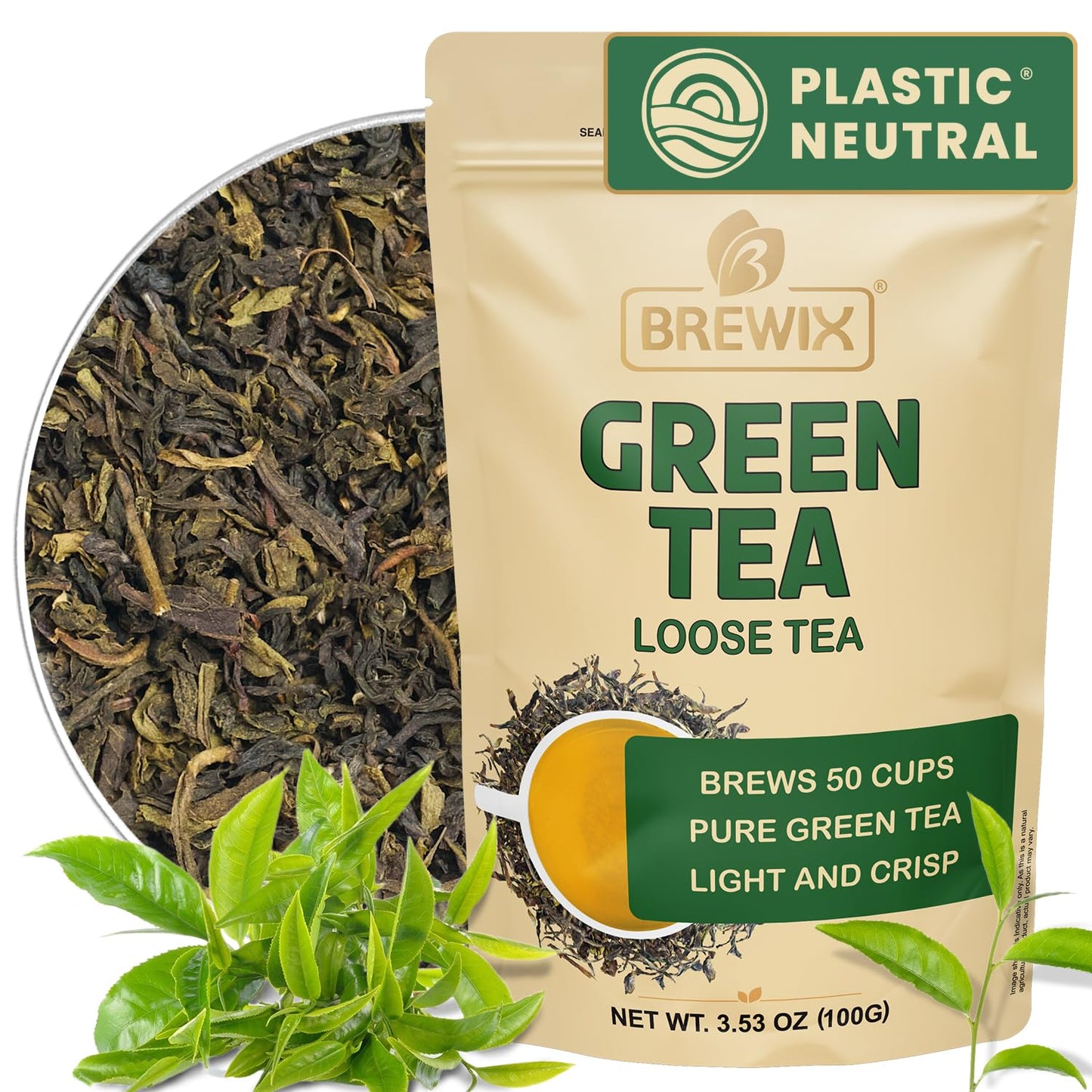 BREWIX, Green Tea Loose Leaf (50+ Cups, 3.53oz/100g) Gluten Free I High Elevation Grown Green Tea Leaves | Pure Single Origin Sourced Direct from India