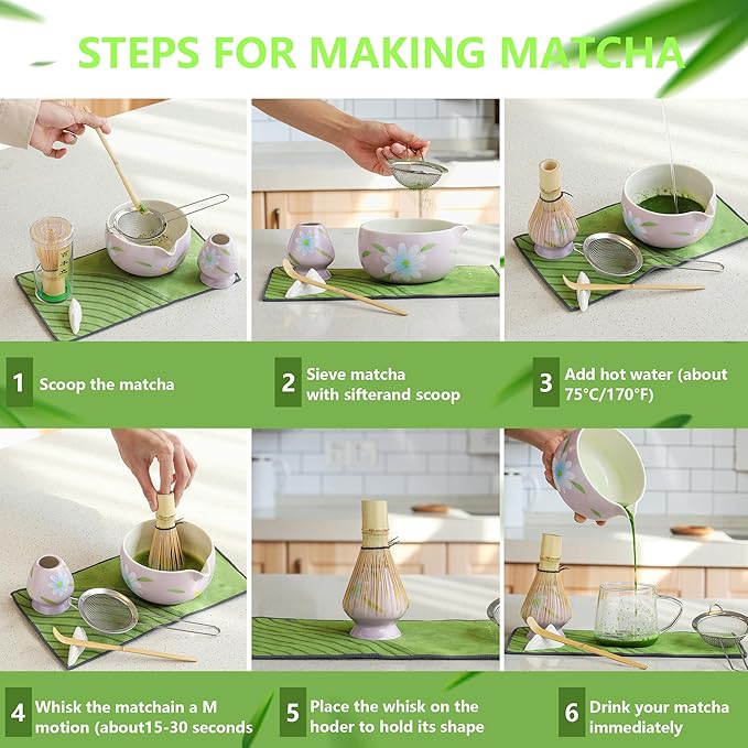 7 Piece Matcha Whisk Set - Ceramic Matcha Bowl with Spout, Bamboo Whisk, Scoop, Sifter, Holder & Towel - Japanese Matcha Making Kit for Home, Gifts for matcha Lovers