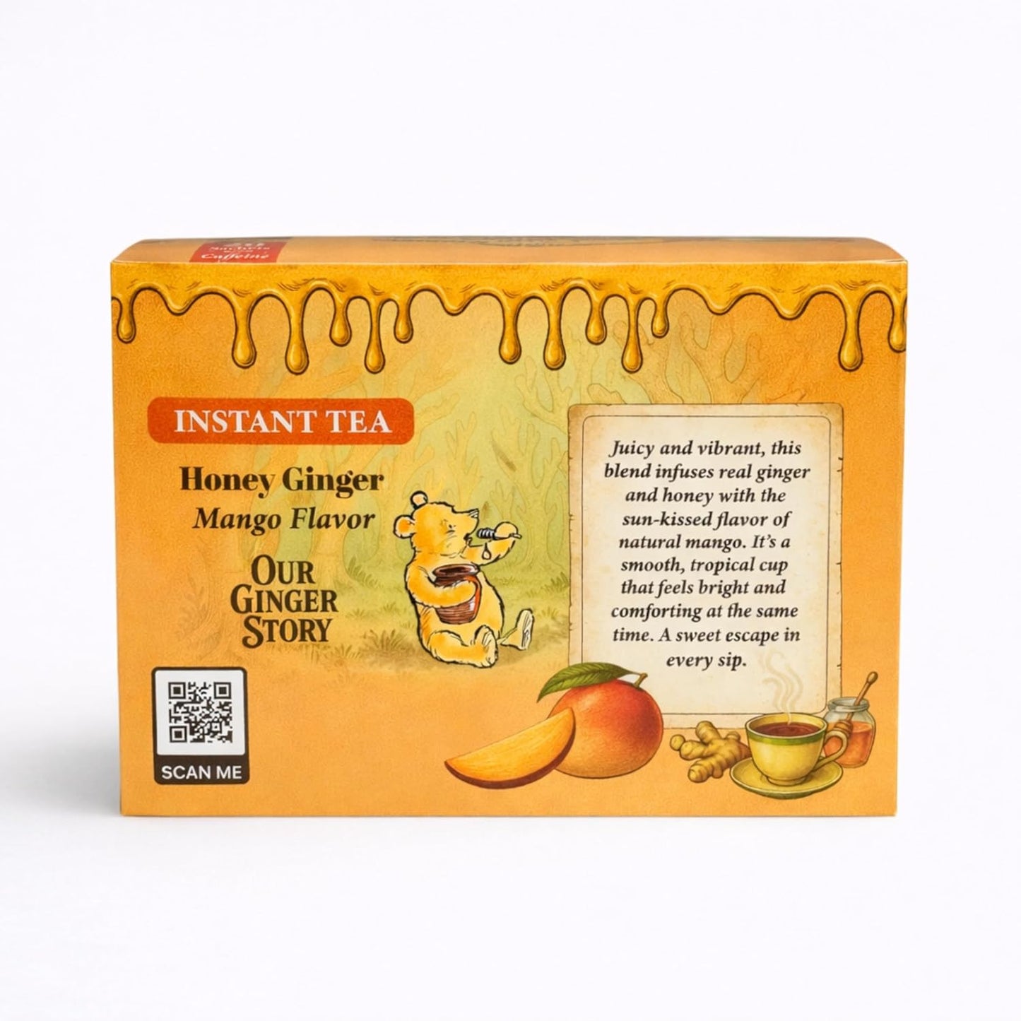 Premium Honey Ginger Instant Tea Crystals, Mango Flavor, 20 Sachets, Real Ginger, Real Honey, Pure Cane Sugar, Caffeine Free, Hot Or Cold Single Serve Drink Mix