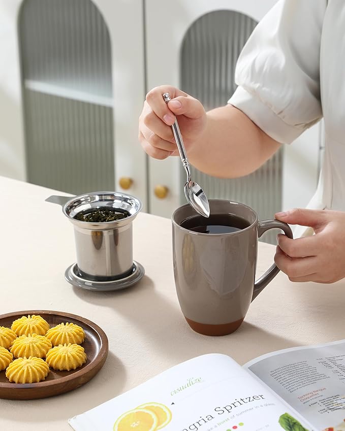 Malacasa Ceramic Tea Mug with Lid and Stainless Steel Infuser, 18 oz Large Tea Cup for Loose Leaf Tea, Heat-Resistant, Microwave & Dishwasher Safe