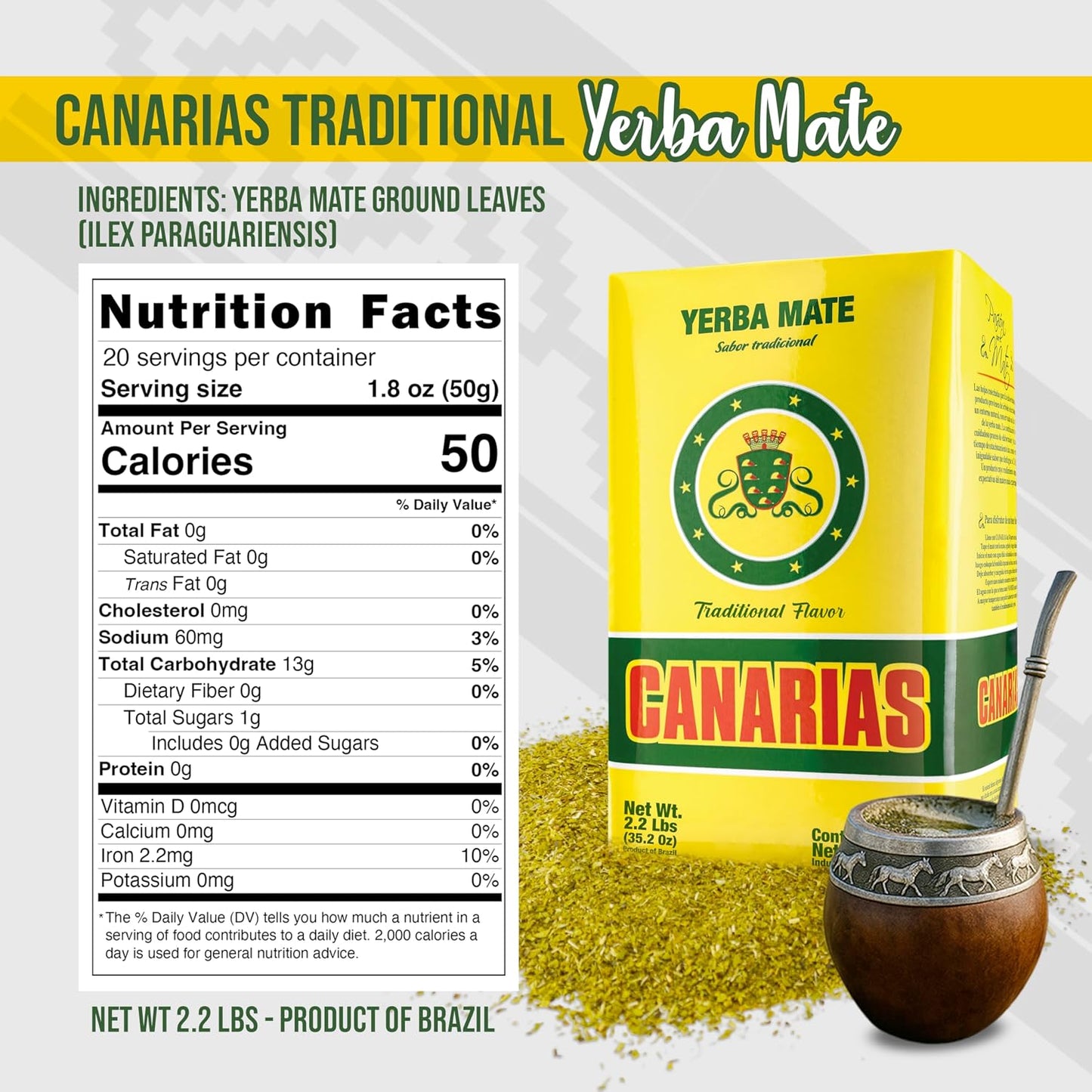 Canarias Yerba Mate Traditional Ground Leaf Tea 1kg - 2.2Lbs | Fine Cut No Stems Rich and full-bodied mate made for gourd and bombilla preparation with a classic Uruguayan profile.