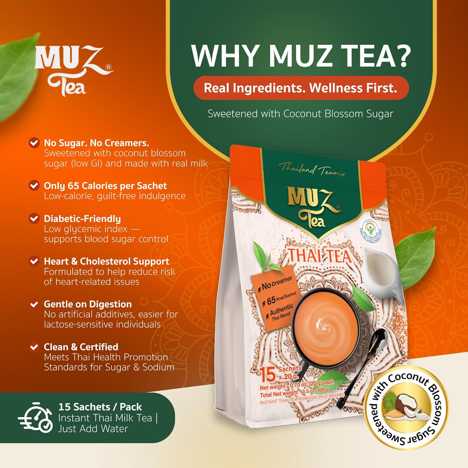 MUZ Tea Premium Instant Thai Tea Mix – Real Milk, No Creamers – Low GI Coconut Blossom Sugar – Only 65 Calories – Thai Tea Powder – Just Add Water – 15 Sachets