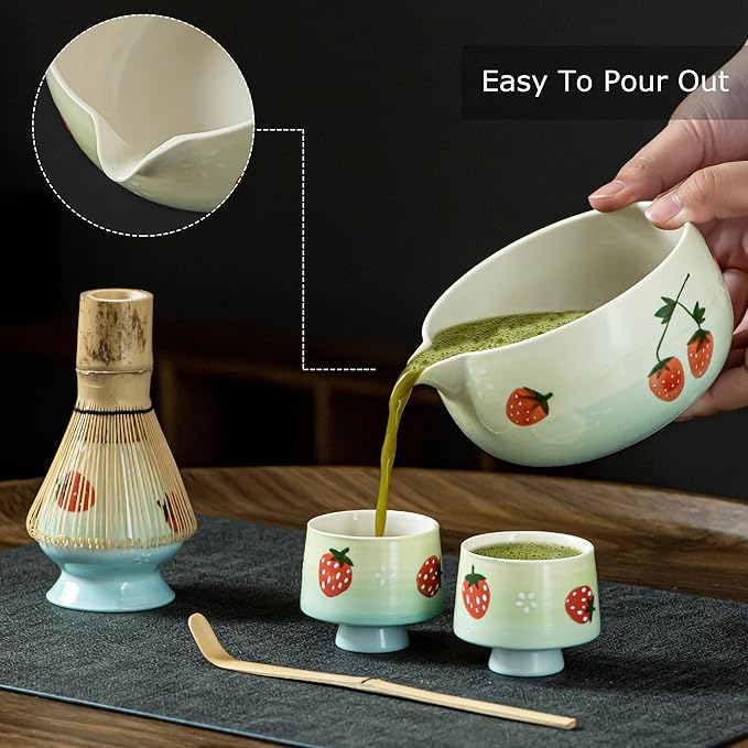Matcha Whisk Set, Cute Strawberry Matcha Bowl Set with 2 Cups, Bamboo Whisk, Scoop & Holder, Matcha Kit Gift for Tea Lovers and Tea Ceremony