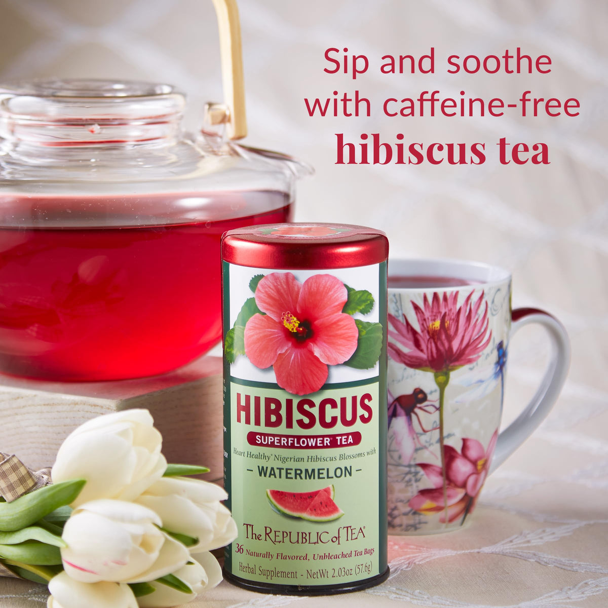 The Republic of Tea Hibiscus Watermelon Herbal Tea, Caffeine Free, 36 Count