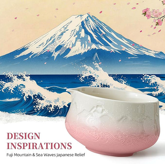 TEANAGOO 7 Pcs Matcha Whisk Set, Pink Matcha Set, Ceremony Matcha Powder Kit,Matcha Tea Set for Making Latte,Matcha Whisk Set and Bowl with Scoop&Sifter,Fuji Design Ceramic Bowl,Gift for Matcha Lovers