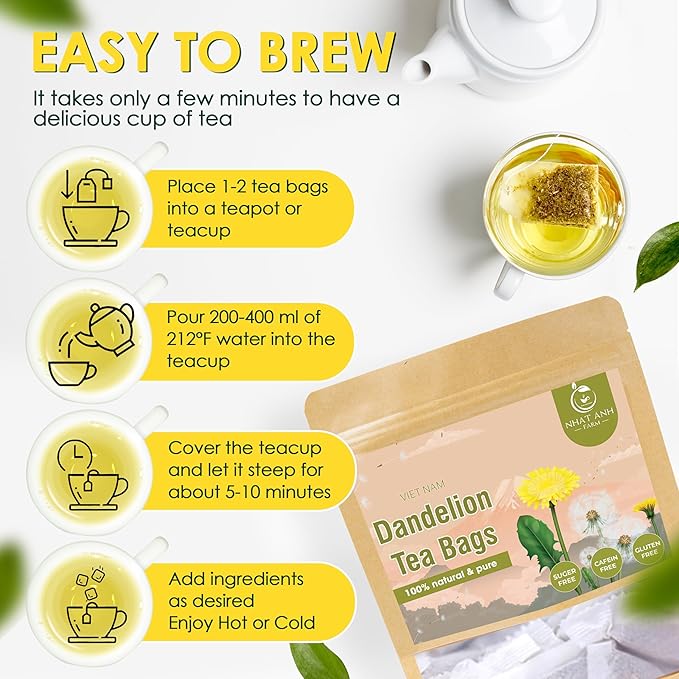 Nhat ANH Farm - Premium Dandelion Tea Bags, 40 Tea Bags, 100% Natural Dried Dandelion Leaves, Naturally Sweet Herbal Tea, Sugar-Free, Caffeine-Free