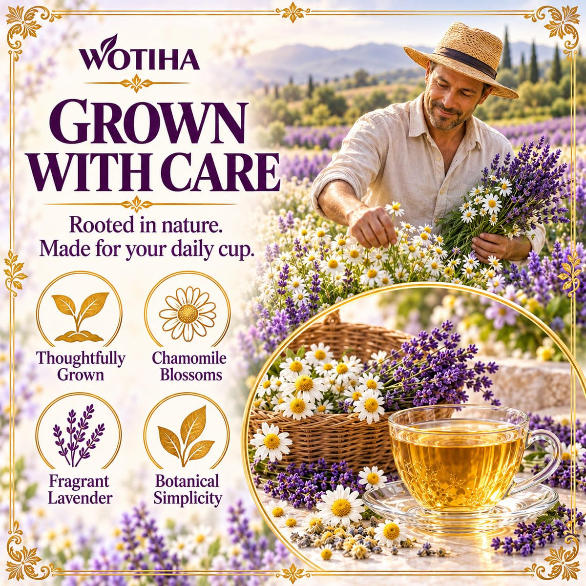 WOTIHA Chamomile Lavender Tea Bags, 60 Count, Caffeine-Free Herbal Tea