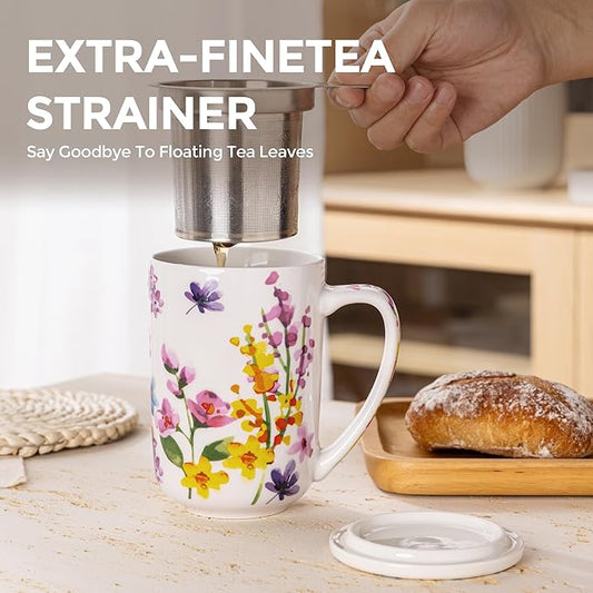 Gbhome Tea Mug with Infuser and Lid, 18 Ounce Large Ceramic Loose Leaf Cup, Microwave, Dishwasher Safe, Perfect For Tea Lovers