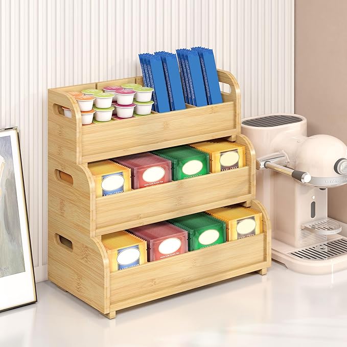 Wisuce Tea Holder for Tea Bags Organizer - Bamboo Tea Organizer for Tea Bags 3-Tier Stackable Wall Mount Large Capacity Tea Storage Box (Nature)